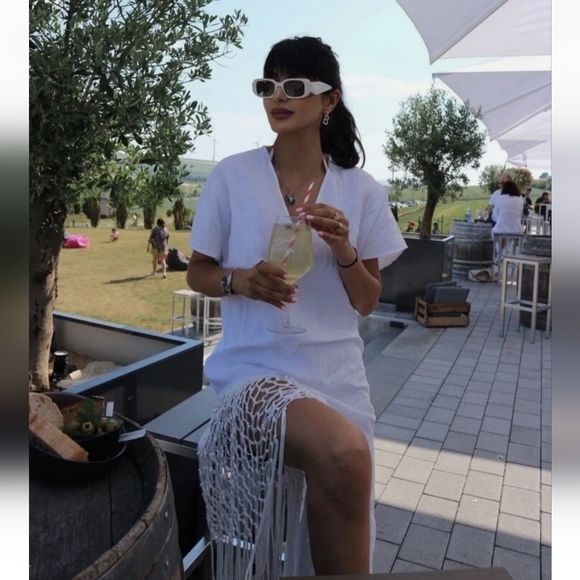 Zara 100% linen fringed macrame white dress Size M - Picture 6 of 17